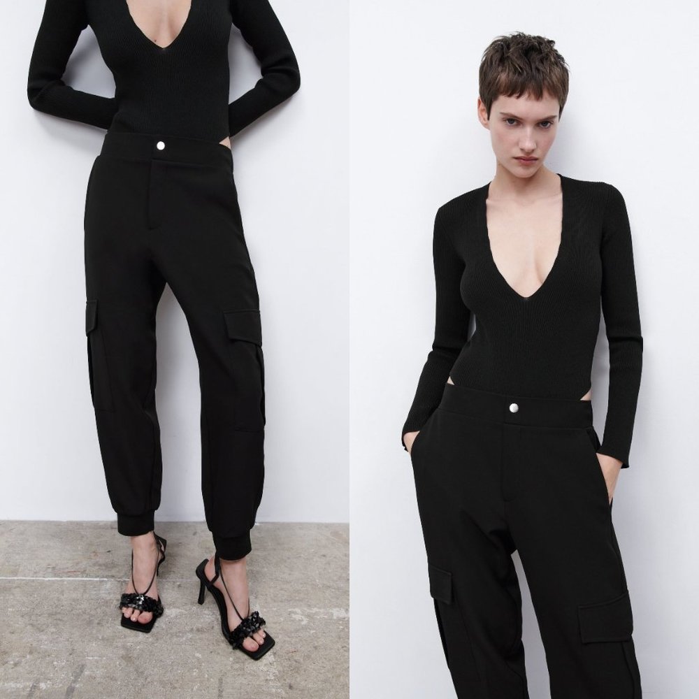 ZARA Women's Size Small Black High-Waisted Flowy Cargo Joggers Pants Trousers S